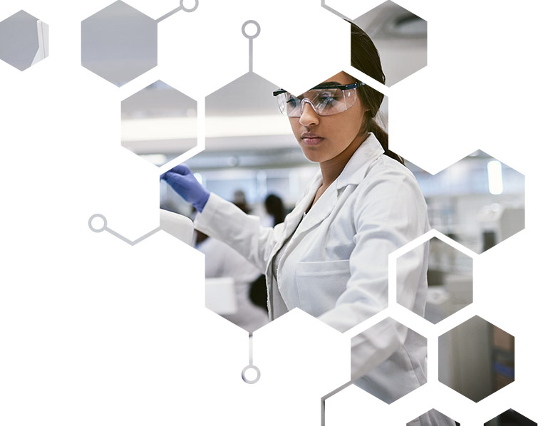 Woman checking samples in background of a molecule image